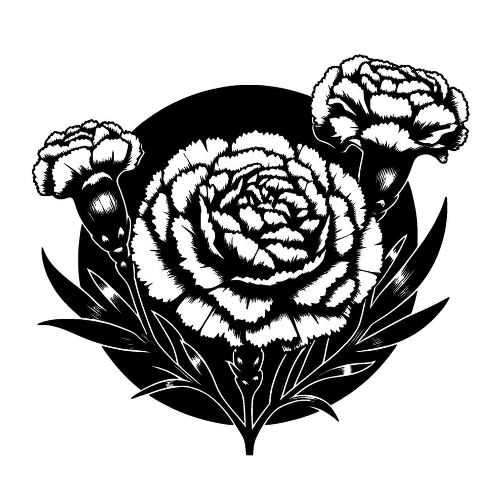 Intricate Black and White Carnation Floral Centered on Black Circle, Featuring Detailed Petals and Leaves. vector