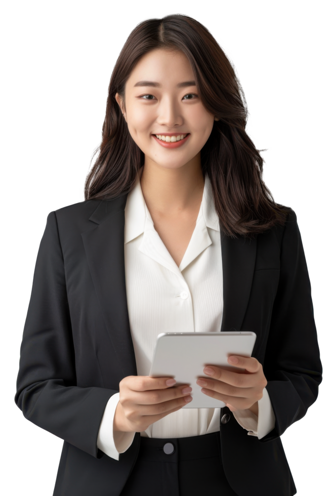 Business woman holding tablet computer png