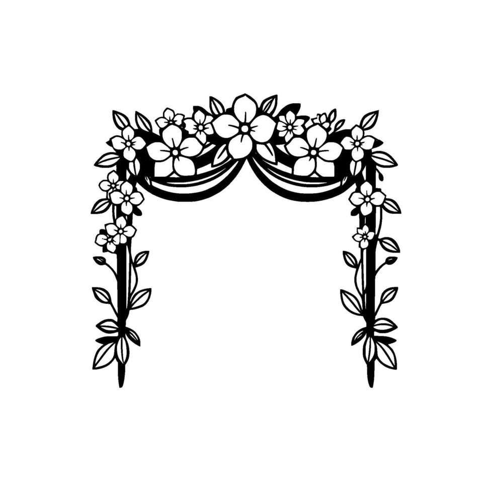 Elegant Floral Archway Illustration of Blossoms and Foliage Forming a Decorative Black and White Frame for Events, Weddings, and Celebrations. vector