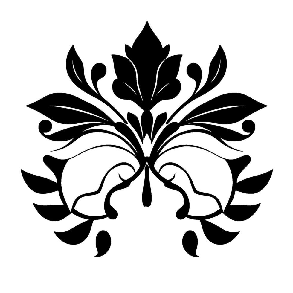 Symmetrical Black Floral with Leafy Elements, Intricate Details, and a Modern Decorative Style, Set Against a White Background. vector