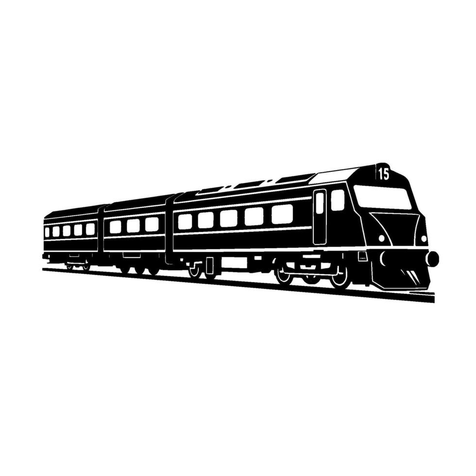 Highspeed passenger train silhouette on tracks, featuring locomotive with number , illustrating speed and transportation, in black and white . vector