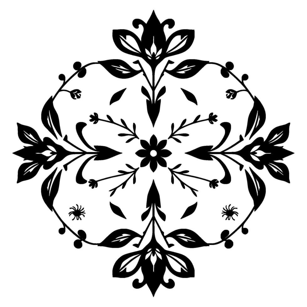 Symmetrical black floral with stylized blooms, leaves, and spider elements on a white background. vector