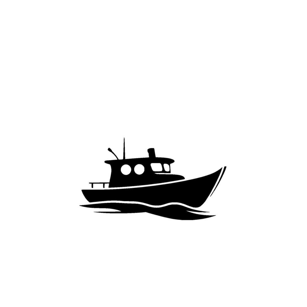 Bold Silhouette of a Fishing Boat Cruising on Calm Waters, Featuring a Modern Minimalist with Dark Tones on White. vector