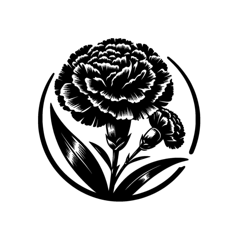 Elegant black and white illustration of a carnation flower arrangement enclosed in a circular frame, featuring intricate details and a classic style. vector