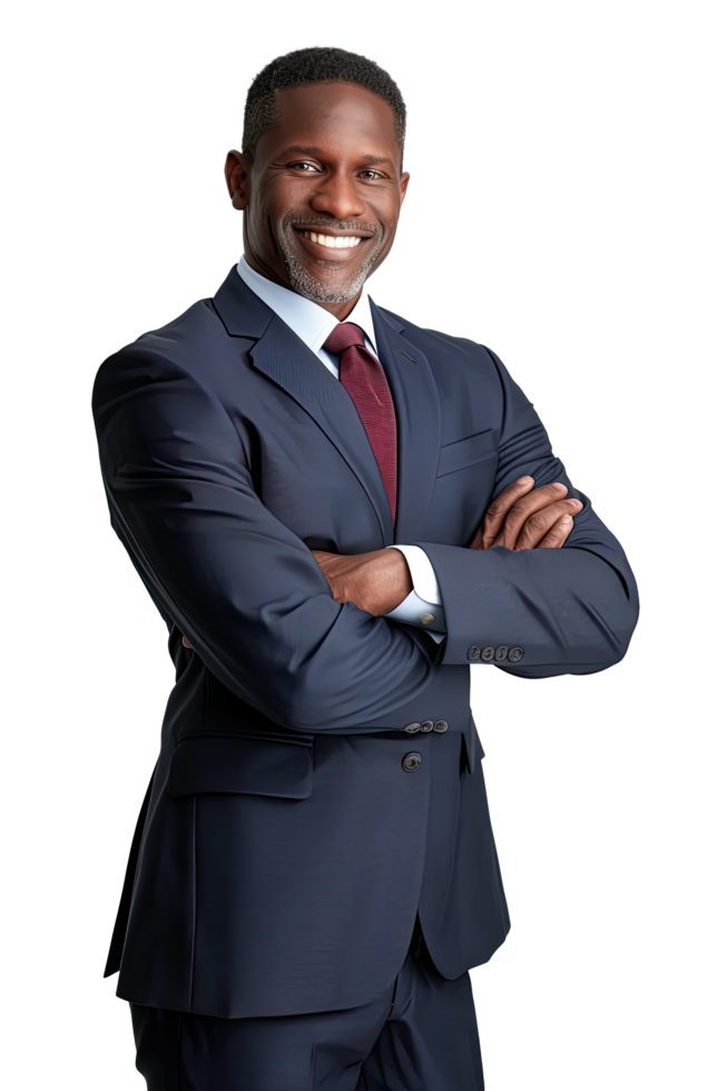 A black man in a suit and tie standing with his arms crossed png