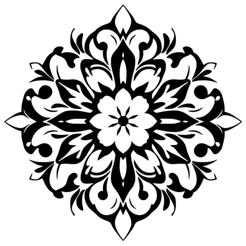Symmetrical Black and White Floral in a Diamond Shape, Detailed Art Depicting a Geometric Pattern. vector