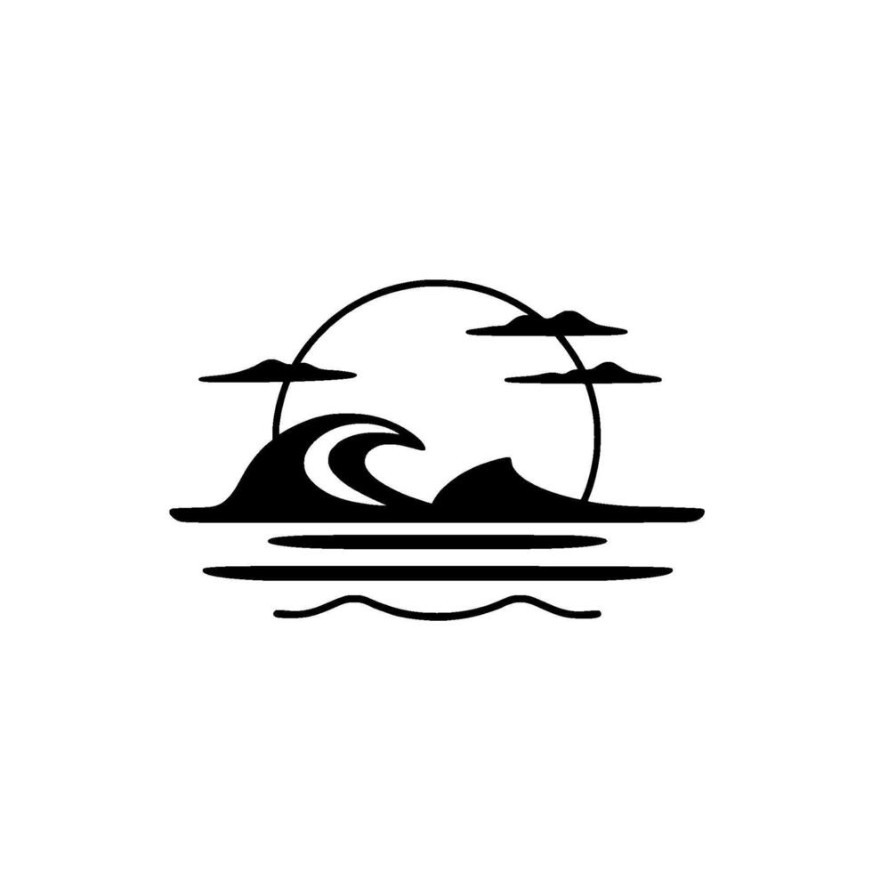 Minimalist black and white illustration of ocean wave cresting beneath clouds and sun, evoking peace and tranquility. vector