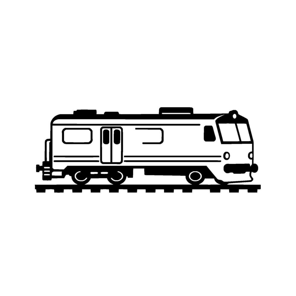 Black and White Minimalist Illustration of a Diesel Locomotive on Tracks, Featuring Details like Windows, Doors, and Coupler. vector