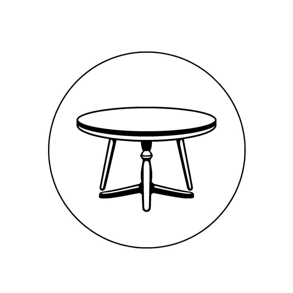 A minimalist black and white circular depicting a classic, roundtop coffee table with a detailed pedestal base and four legs. vector