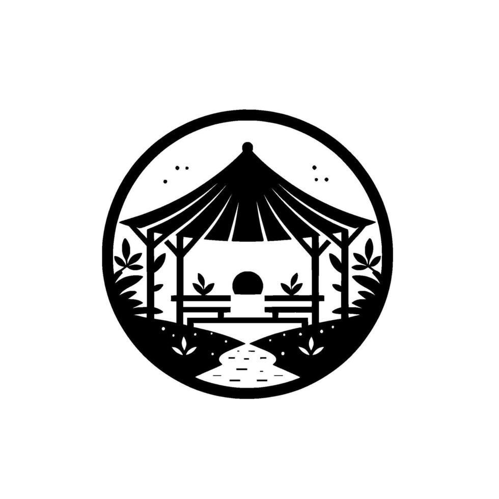 Intricate blackandwhite illustration of a gazebo, with benches and a path, encircled by a circular frame. vector
