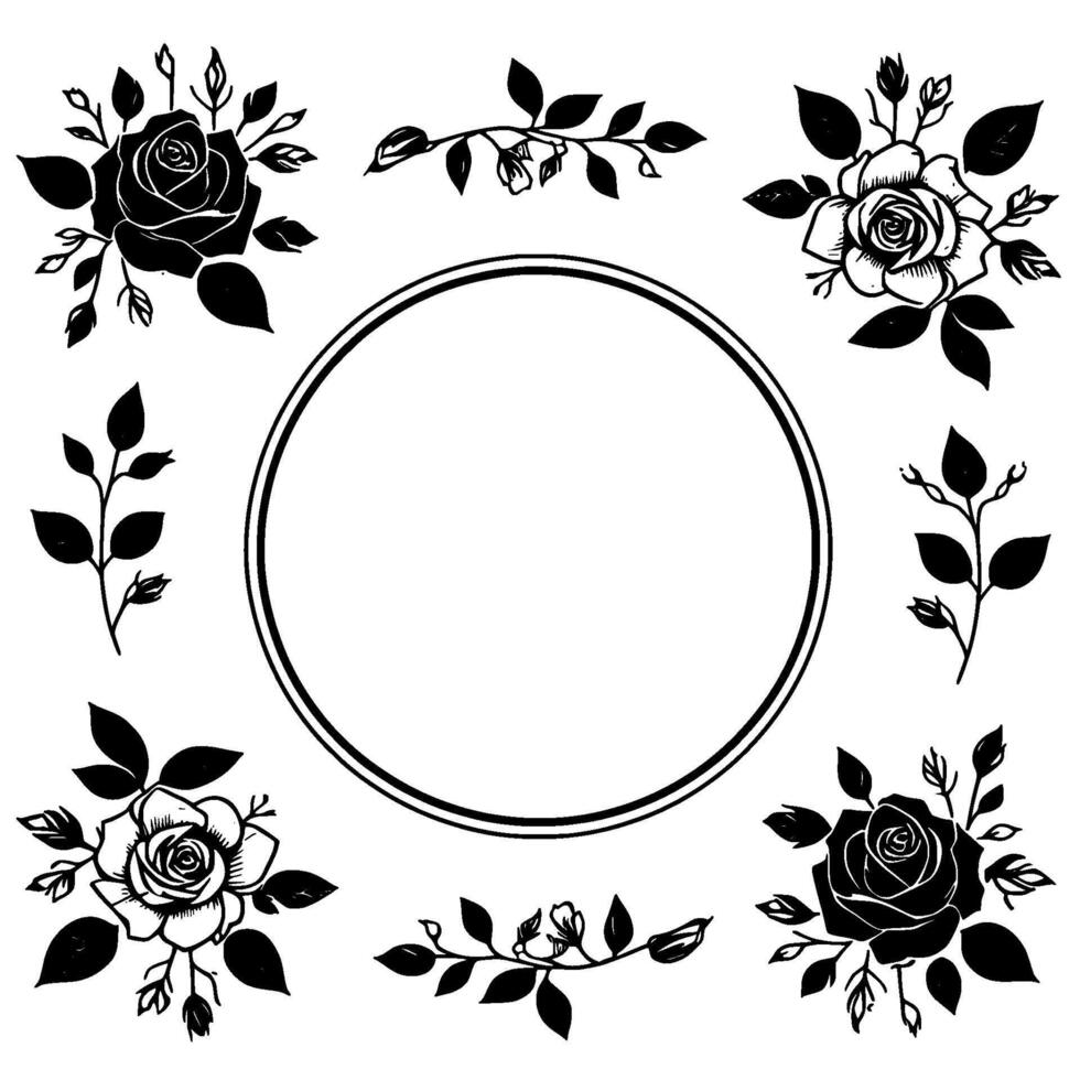 Black and white floral frame with roses, leaves, and botanical elements surrounding a circular open space. vector