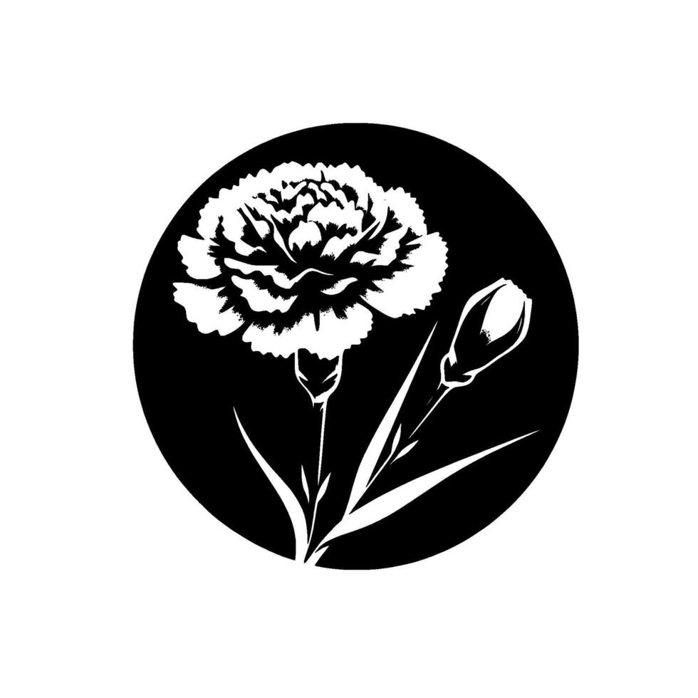 Elegant Black and White Illustration of a Carnation Bloom and Bud Enclosed in a Circular Frame, Highlighted Against White Texture. vector