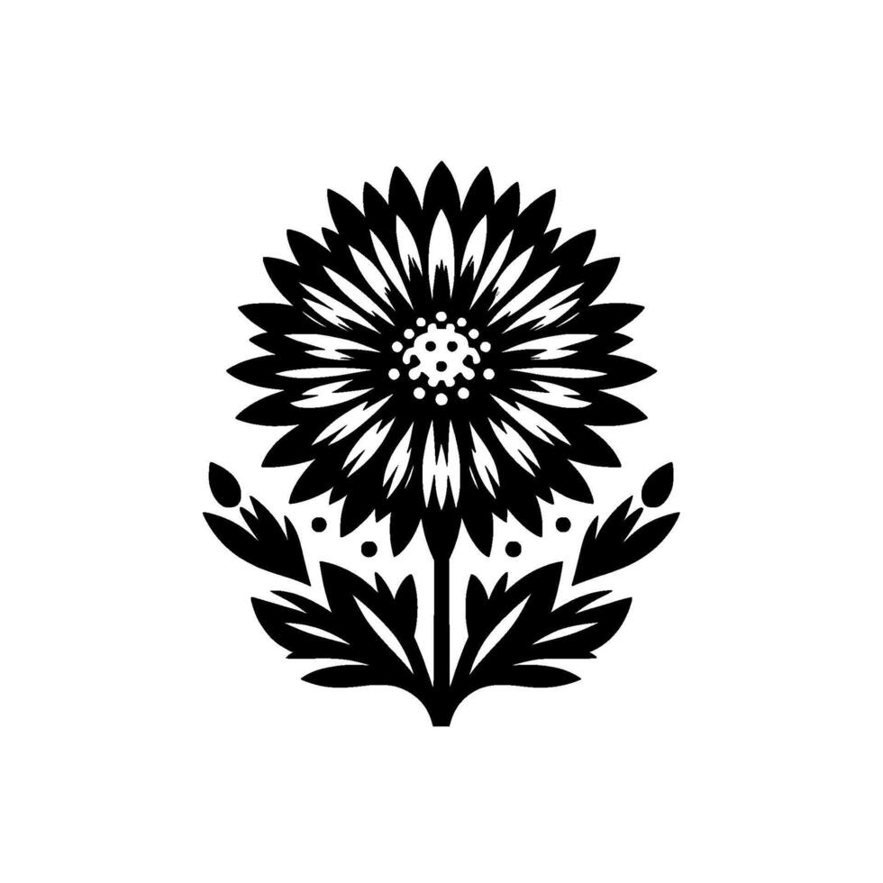 Intricate Black and White Floral with Detailed Petals, Foliage, and Stems on a Pristine White Background. vector