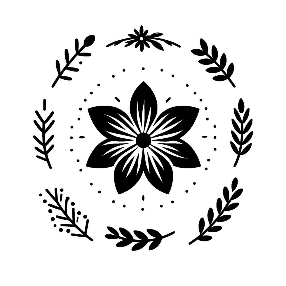 Intricate Black and White Floral Mandala A symmetrical featuring a central blooming flower encircled by stylized leaves and dotted accents on a white backdrop. vector