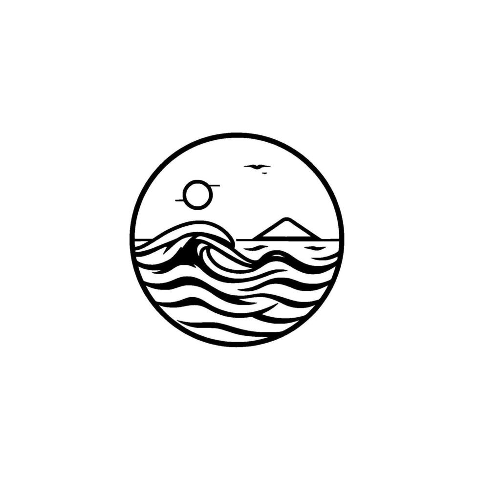 Monochromatic circular featuring stylized ocean waves, sun, island, and a bird, evoking serene minimalist coastal aesthetic. vector