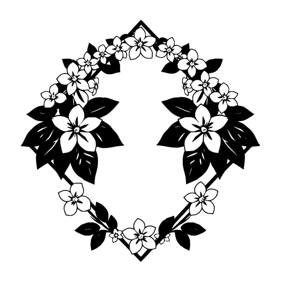 Elegant black and white floral diamondshaped arrangement of flowers and leaves forming an ornamental decorative border, isolated. vector