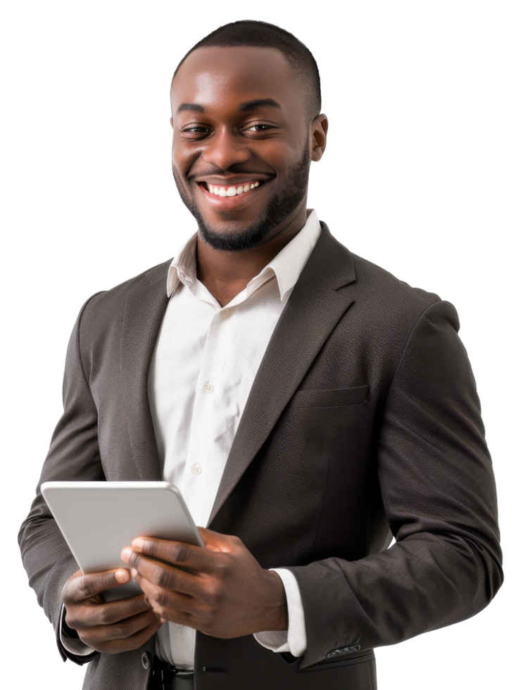 A smiling black man holding a tablet computer png