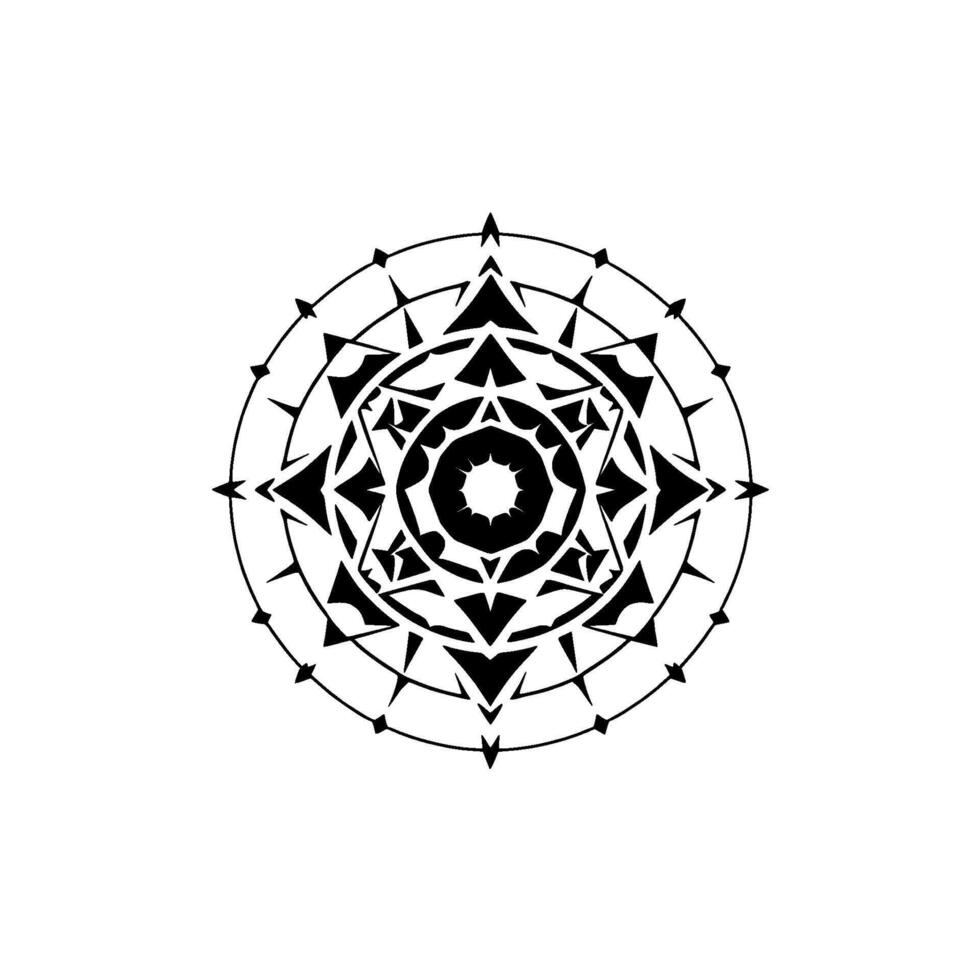 Intricate geometric mandala in grayscale, featuring radiating starlike elements within concentric circular layers on a stark white background. vector