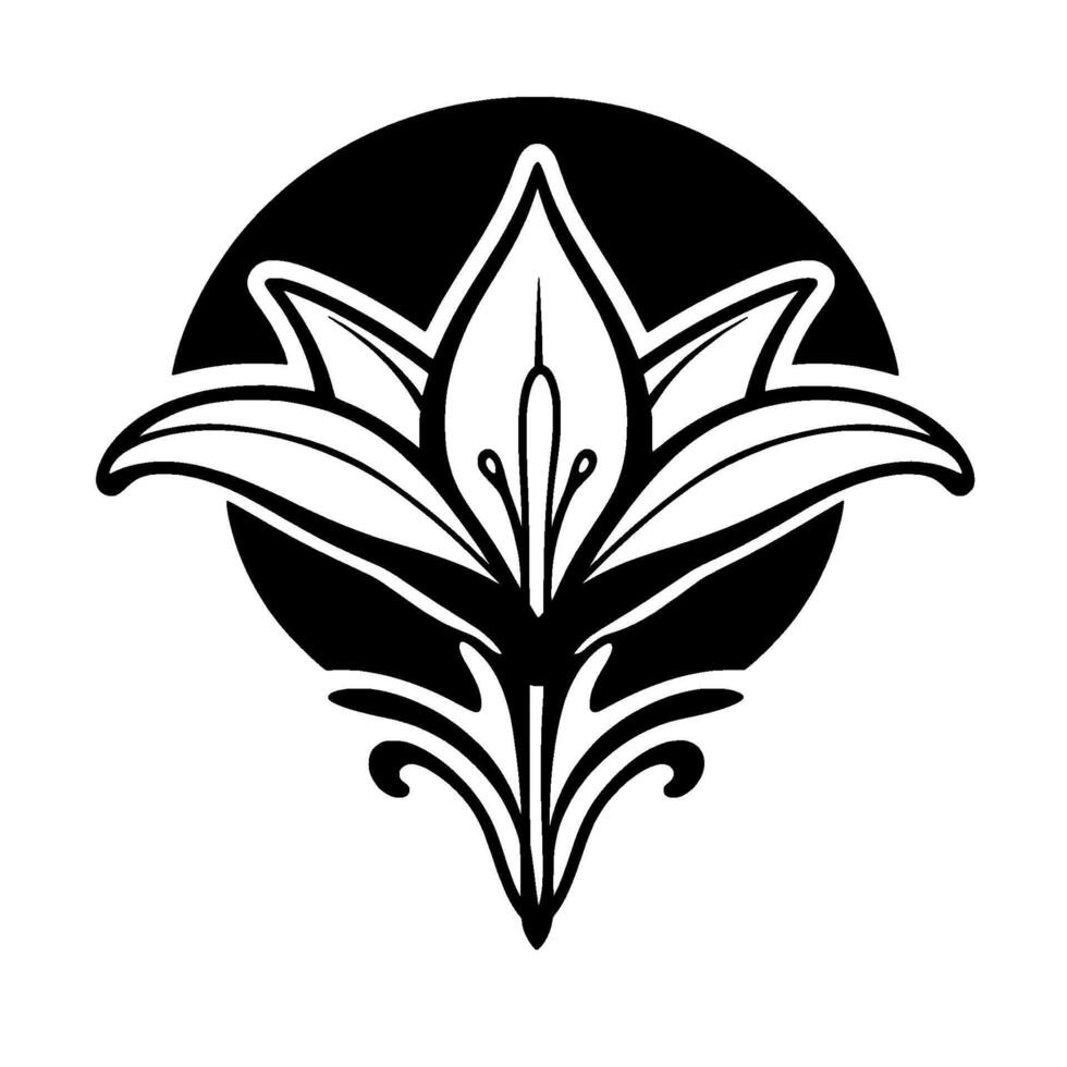 Elegant Black and White Lily in Circle, Illustration, Art Nouveau Style, with Detailed Petals and Floral Stem. vector