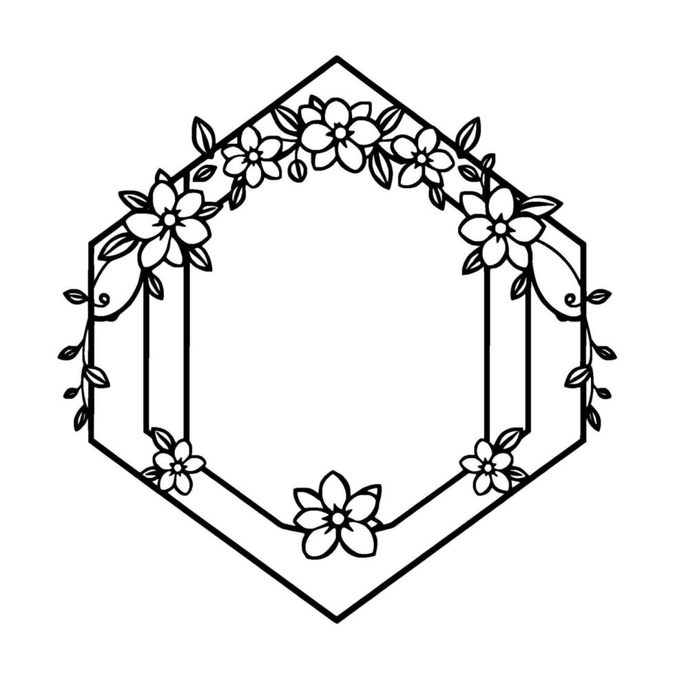 Elegant Floral Hexagon Frame Black and White Outline, Botanical with Blossoms and Leaves. vector