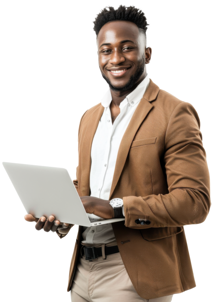A smiling black man in a suit holding a laptop png