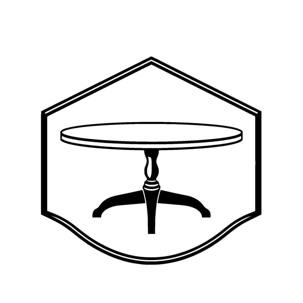 Elegant Black and White Oval Table Illustration Enclosed in a Detailed Hexagonal Crest, with a Modern Vintage Feel. vector