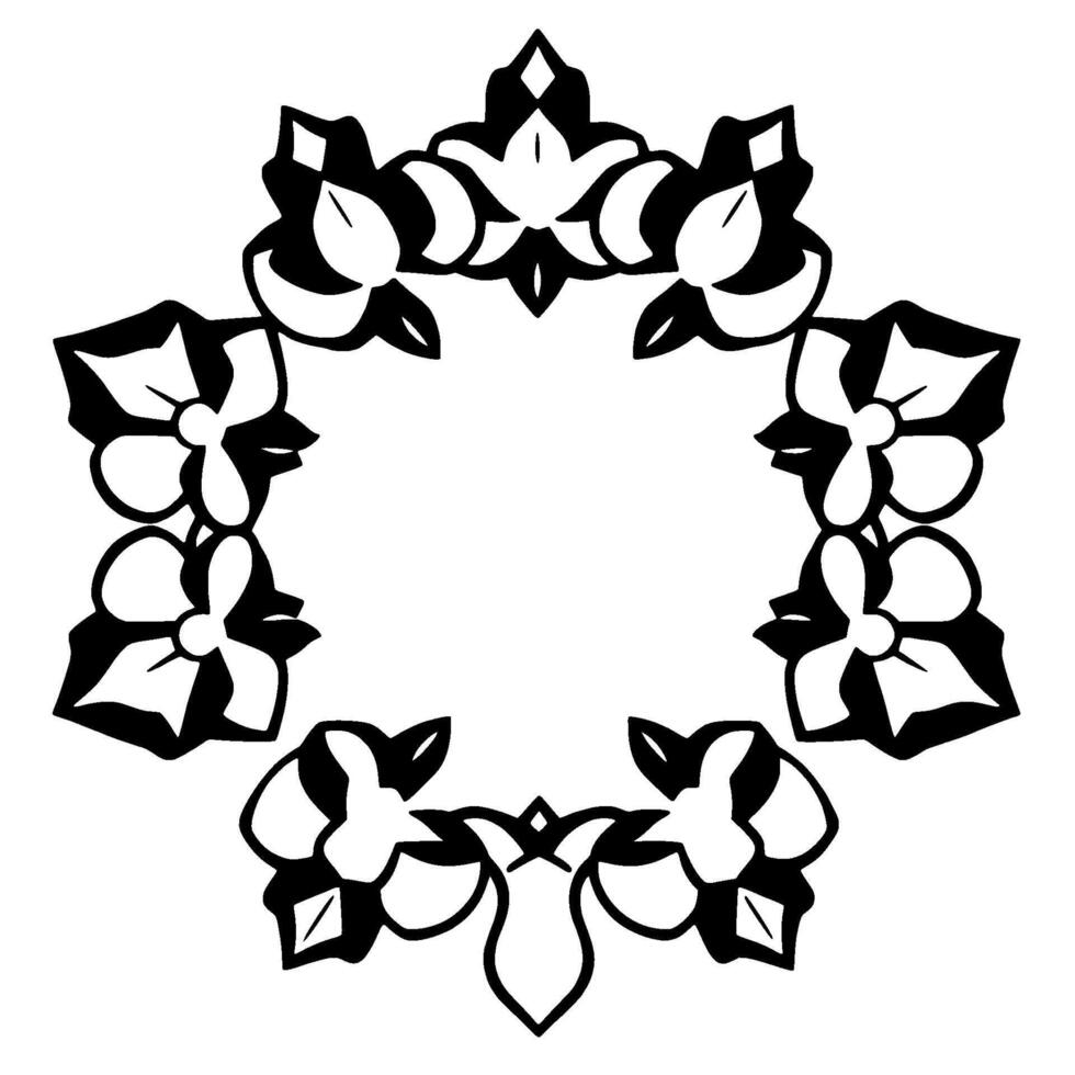 Elegant Black and White Floral Frame Symmetrical, Circular with Leafy Details, Ideal for Embellishment. vector