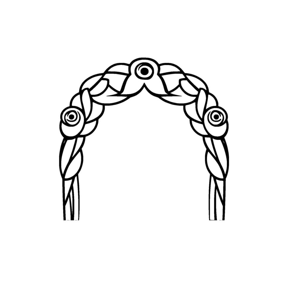 A simple, elegant line drawing of a floral wedding archway, featuring roses and intertwined vines in a minimalist, romantic style, on a clean white background. vector