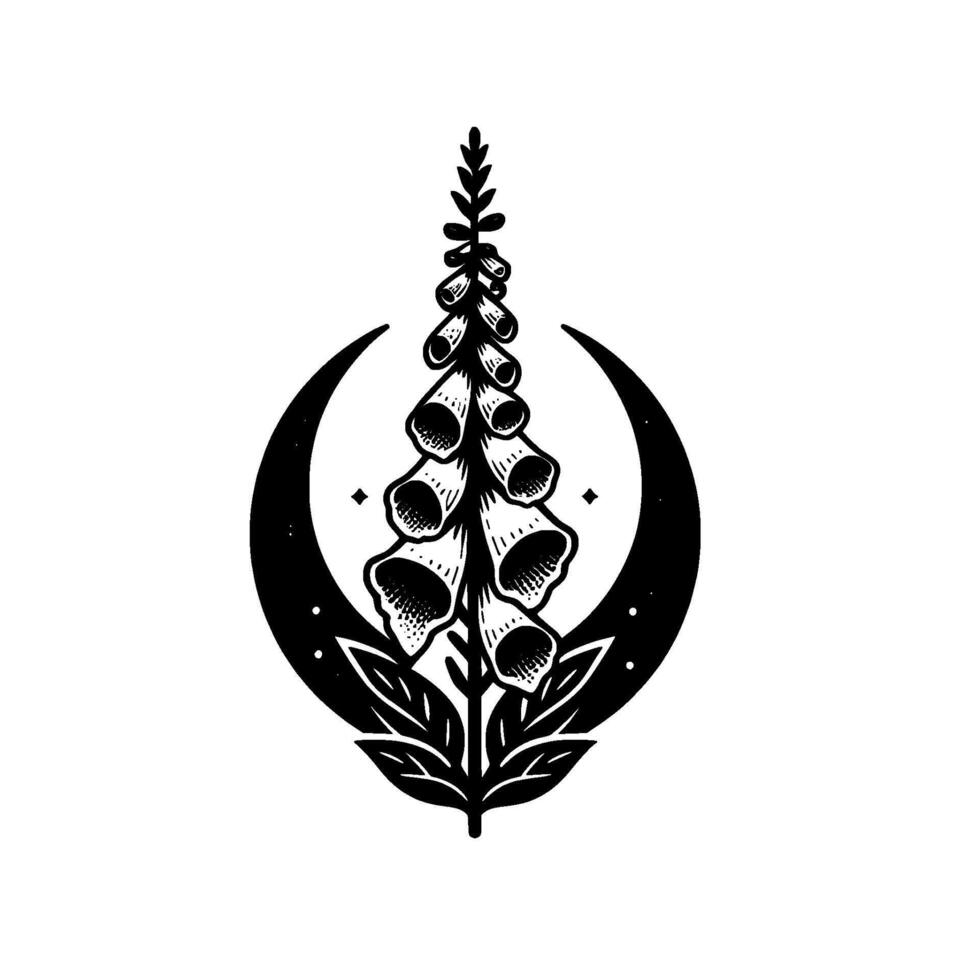 Intricate black and white digital illustration of a foxglove flower, stylized in a botanical linework , framed by crescent moon with stars. vector