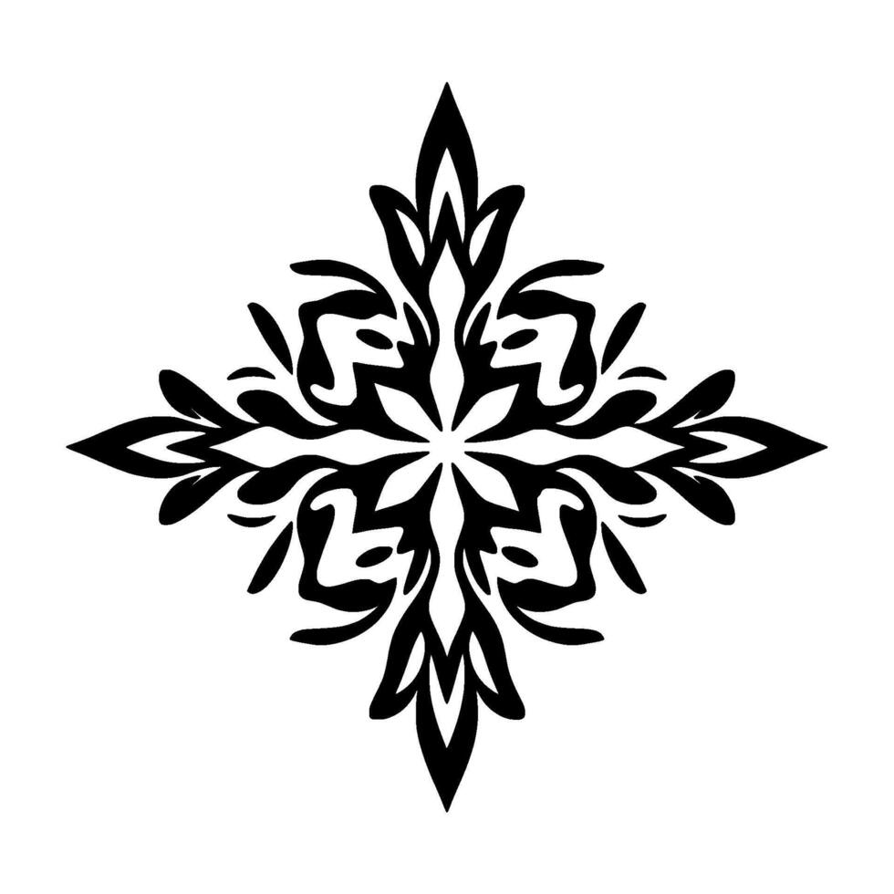 Symmetrical Black and White Floral Ornament with Leaf and Pointed Designs Centered on a White Background. vector