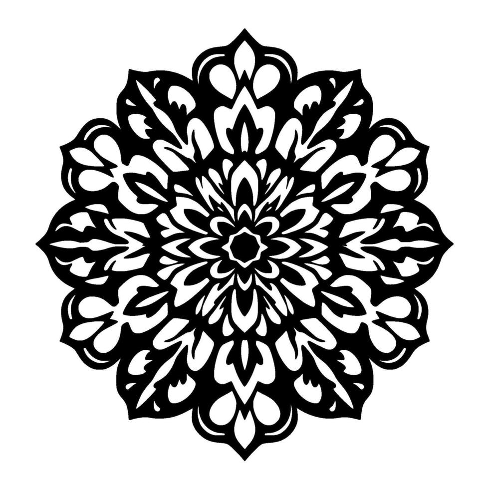 Intricate symmetrical black and white mandala featuring ornate petallike shapes, radial composition, and isolated on white backdrop. vector