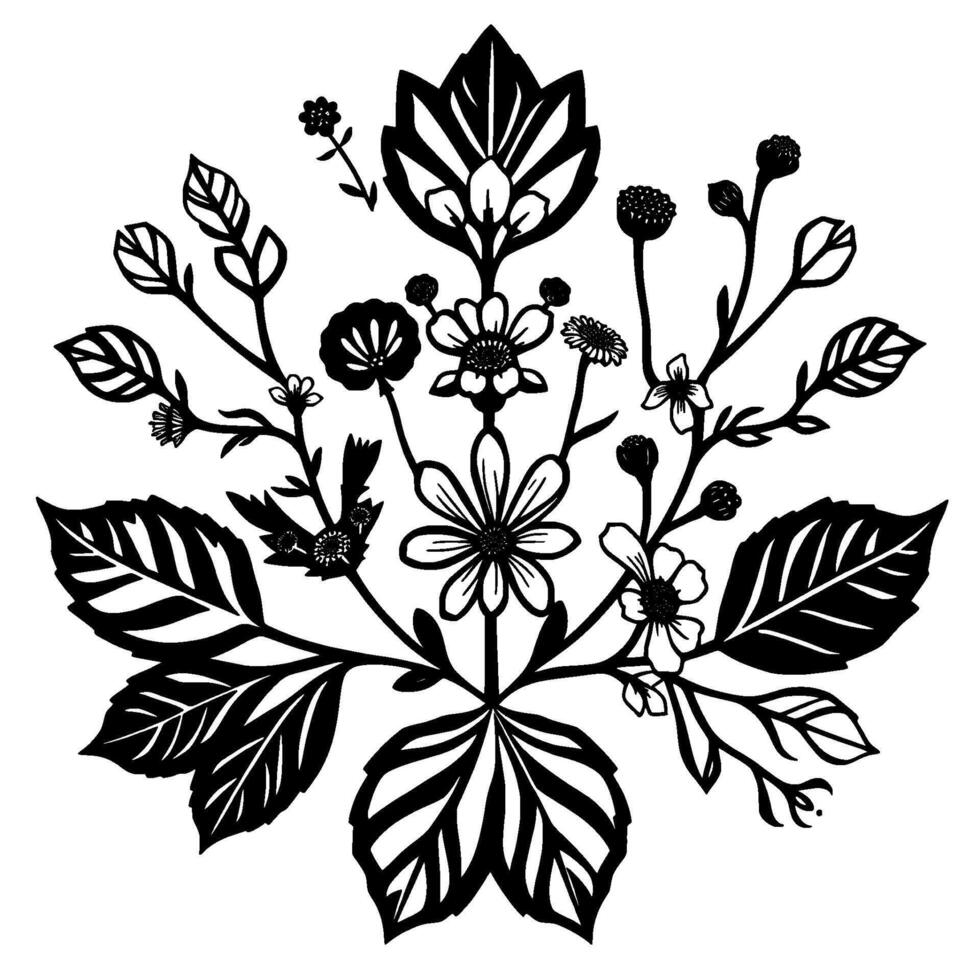 A symmetrical botanical illustration with a central large leaf cluster, various flower types, and leaves, created in a bold black and white style. vector