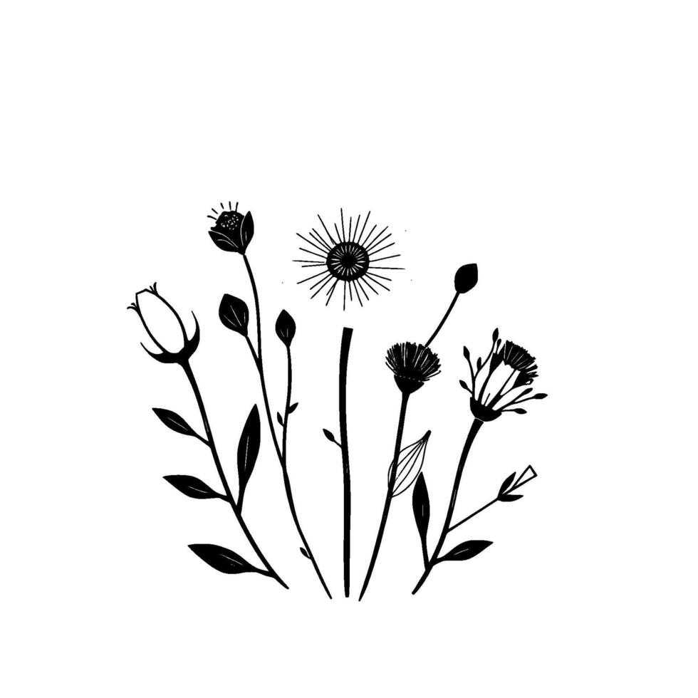 Stylized Black and White Floral Illustration Variety of Blooms and Buds on Delicate Stems, Minimalist Art on White Backdrop. vector