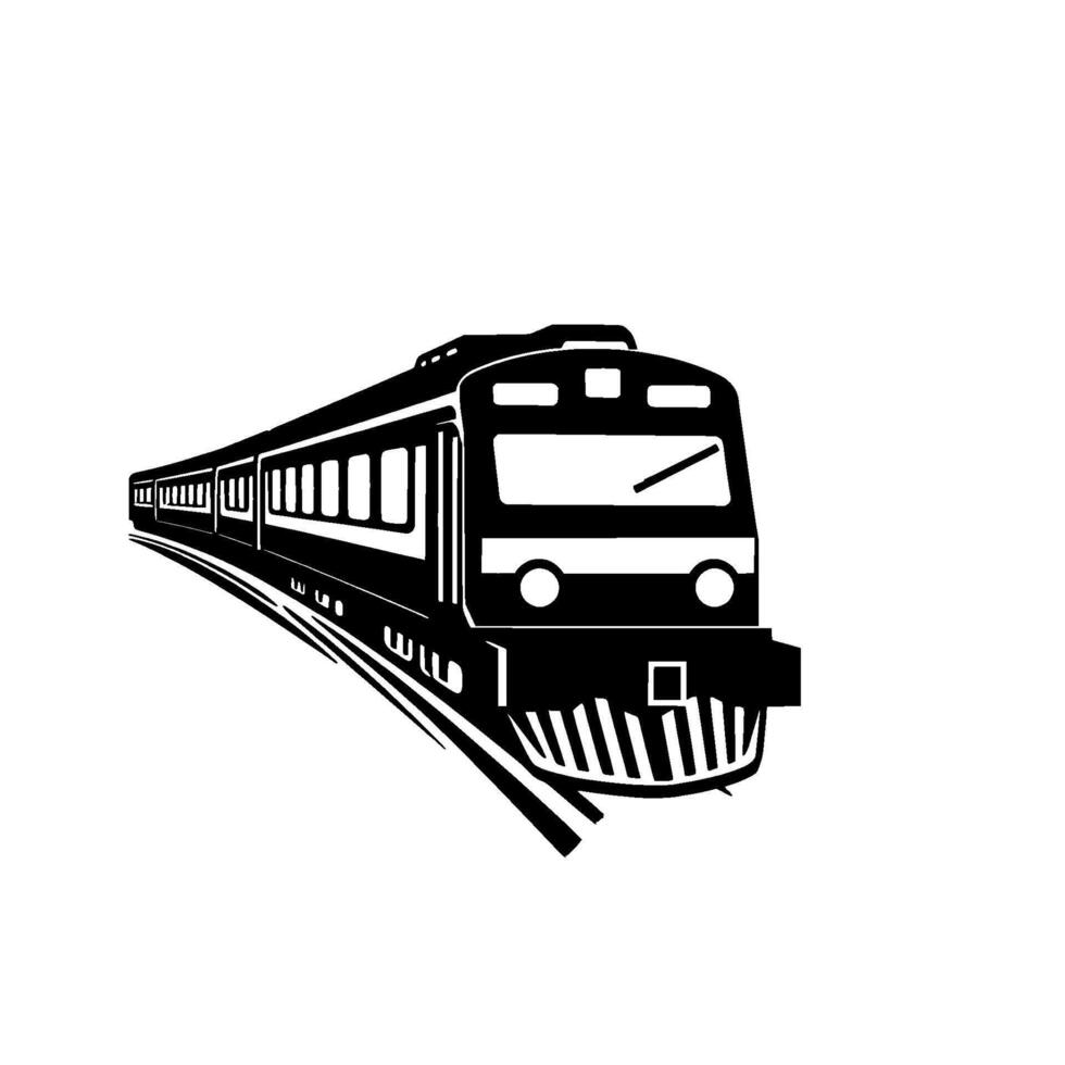 Bold Black and White Illustration A Passenger Train Curves Along the Tracks, Modern and Sleek, on a White Background. vector