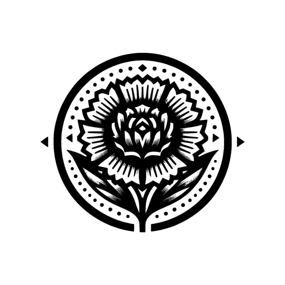 A symmetrical, blackandwhite stylized floral illustration with ornate details, enclosed in a circular frame with directional triangles. vector