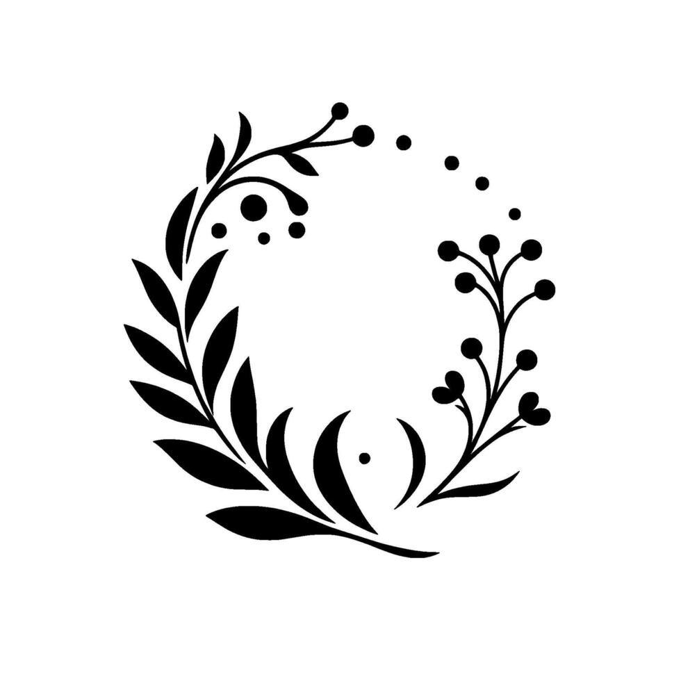 Circular Monochrome Floral Wreath Featuring Leaves, Berries, and Delicate Organic Elements on a White Canvas. vector