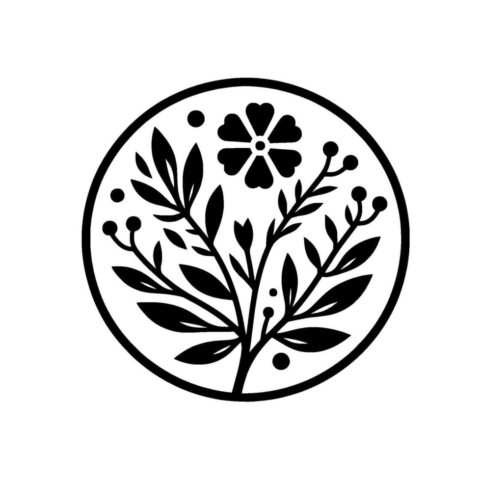Black and White Circular Floral Illustration Featuring Leaves, Berries, and a SixPetal Flower on a White Background. vector