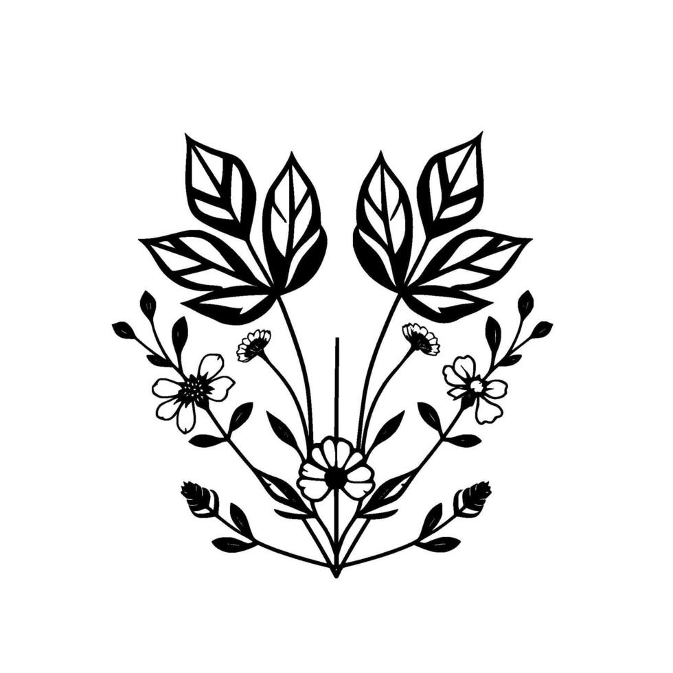 Monochromatic floral emblem featuring symmetrical arrangement of leaves, daisies, and stylized floral elements. vector