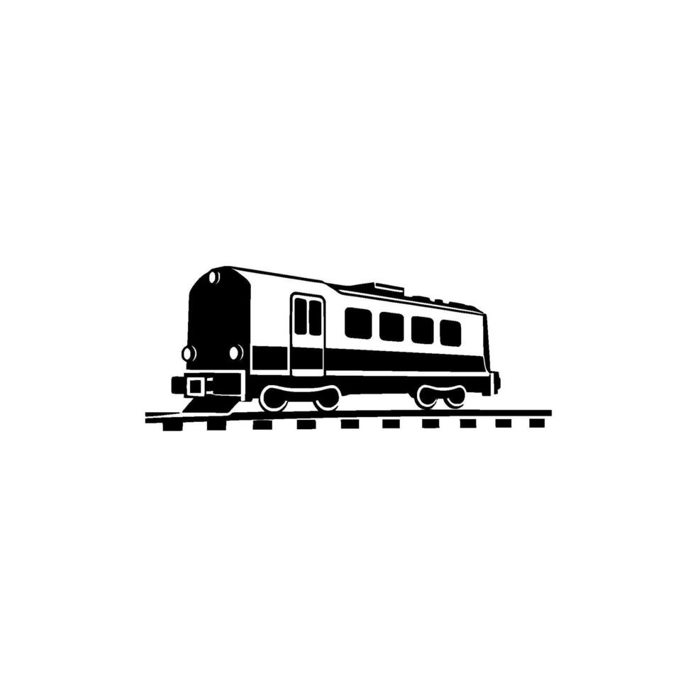 Simple black and white illustration of a modern train with a front headlight, rectangular windows, and wheels on a track, against white. vector