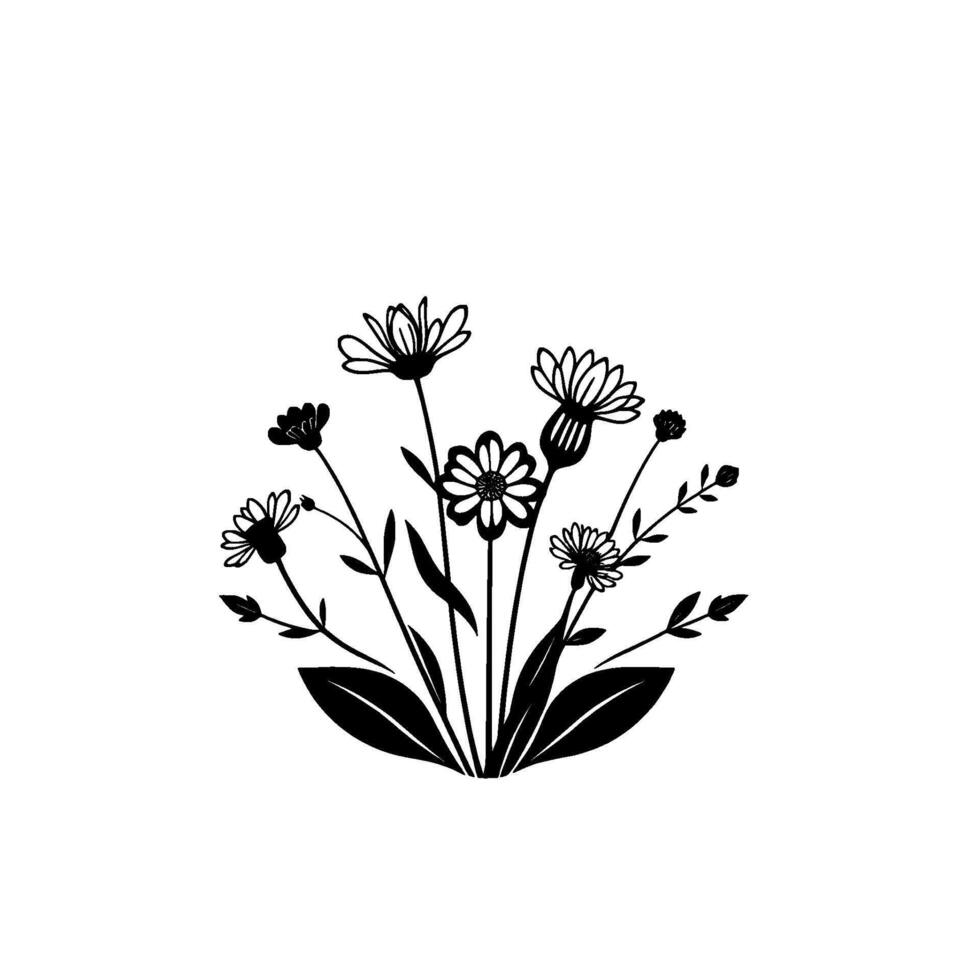 Simple black and white floral illustration with stylized daisies, leaves, and stems, arranged in a circular composition against a white background. vector