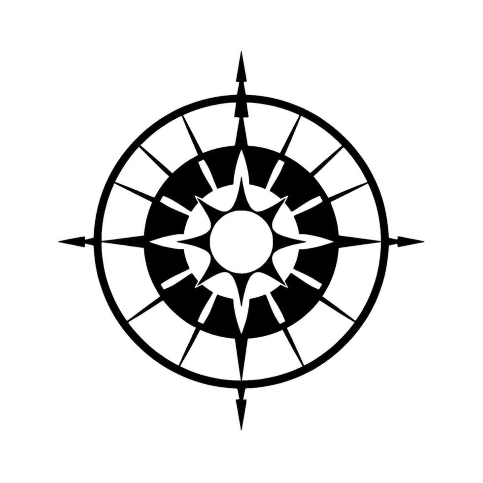 A minimalist, stark black and white image of a compass rose, highlighting navigation, direction, and exploration themes. vector