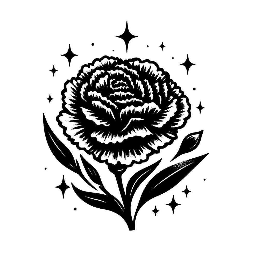Intricate Black and White Floral Tattoo with Star Accents, Depicting a Carnation on a Simple Stem. vector