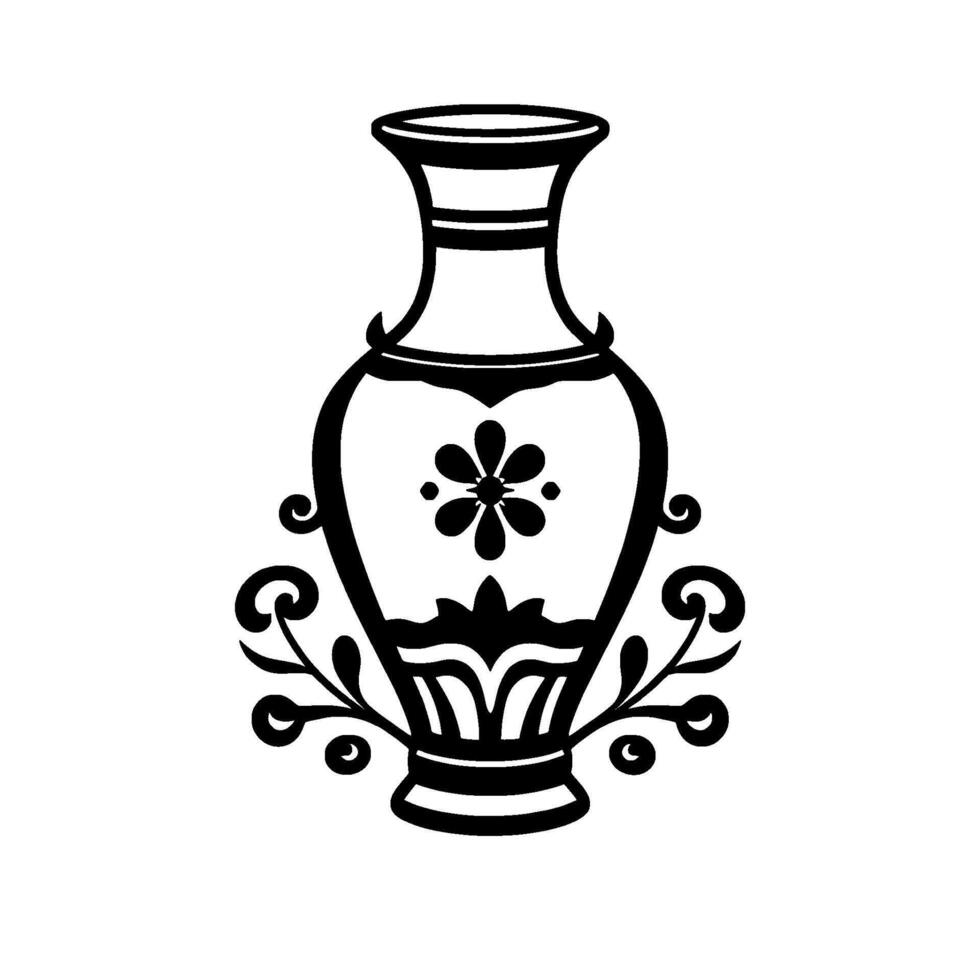 Ornate Black and White Vase Decorative Vessel with Floral Motif and Flourishes, a Decorative Artwork Isolated on White. vector