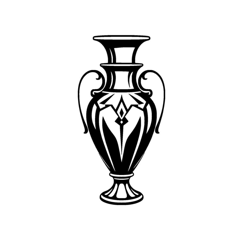 Ornate Black and White Urn Illustration with Curved Handles and Geometric Patterns, Isolated on White. vector