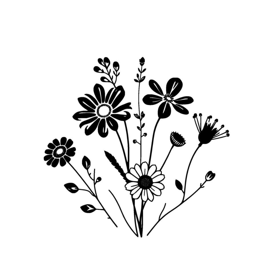Black White Botanical Illustration Stylized Bouquet of Wildflowers Foliage, , Modern . vector