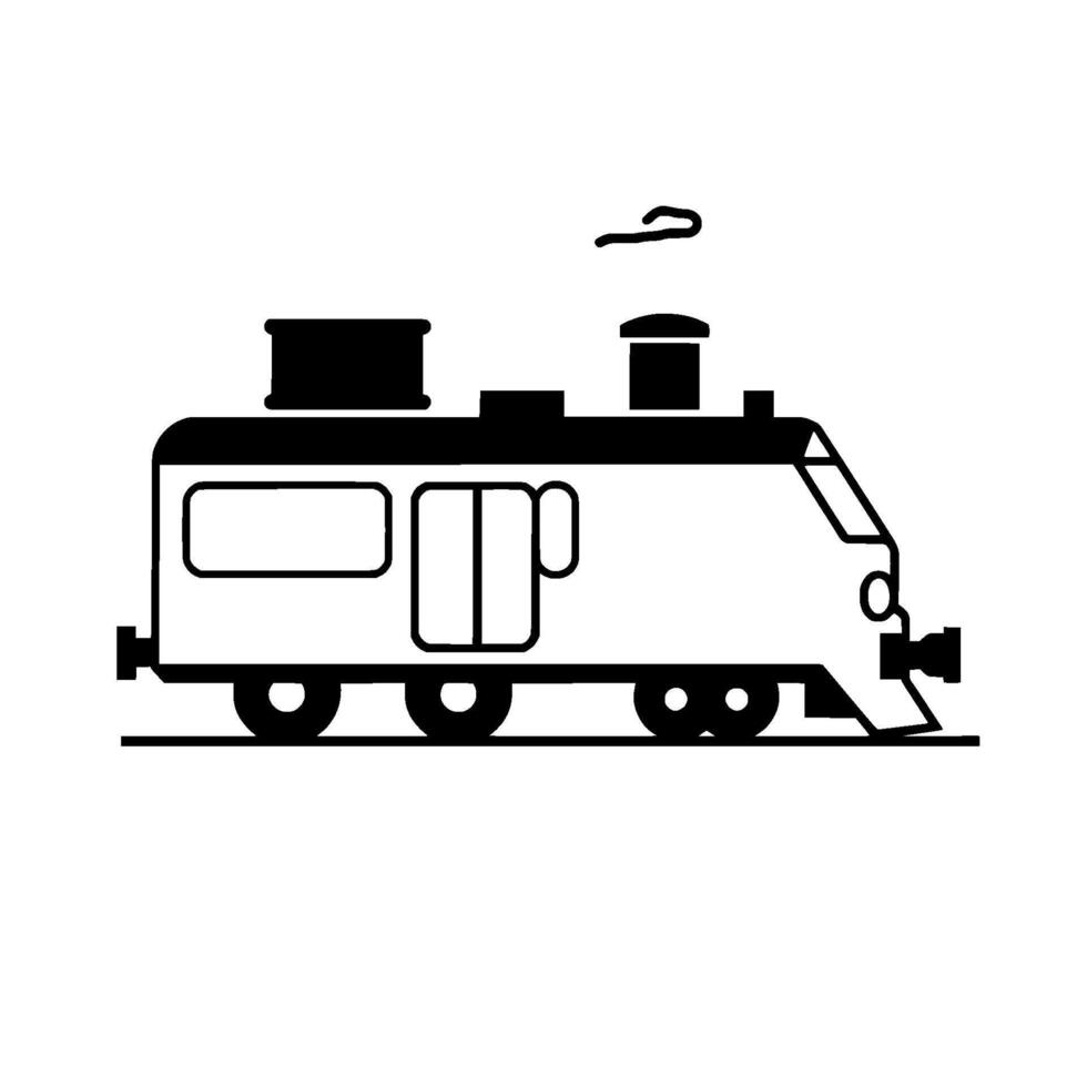 Stylized, minimalist black and white train illustration with smoke, track, and a clean, aesthetic. vector