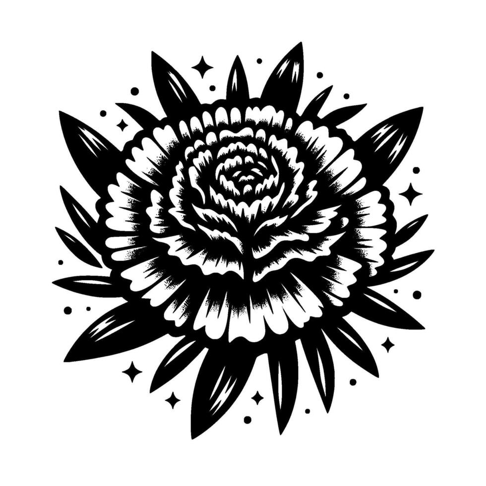 Intricate black and white illustration of a stylized peony with layered petals, surrounding leaves, and star accents, evoking a classic tattoo . vector
