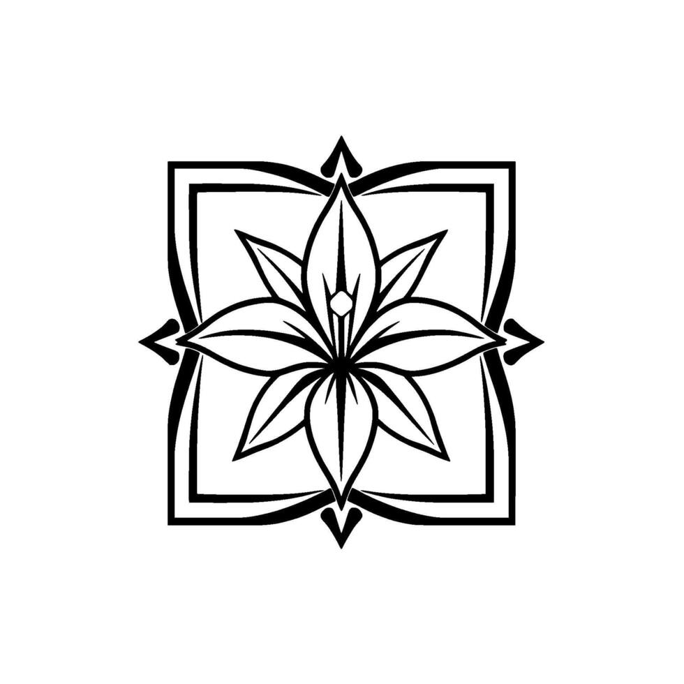Intricate Black and White Floral Mandala , Geometric Square Frame with Pointed Decorative Accents, Isolated on White Background. vector