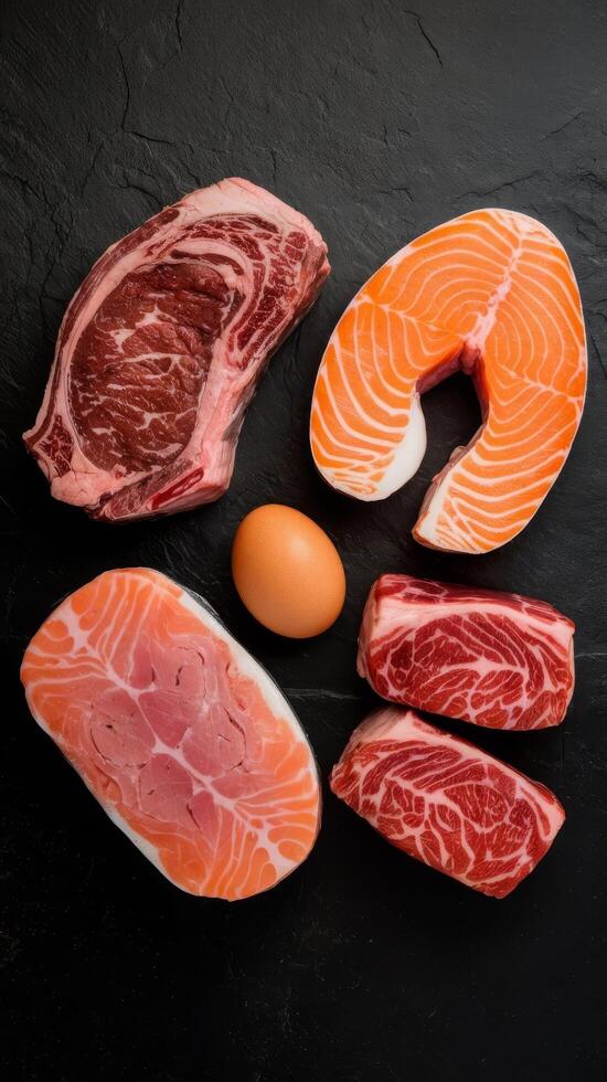 Various protein sources concept rib eye salmon steak pork egg top view on a black stone background photo