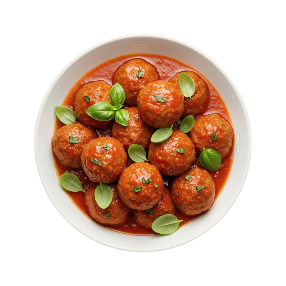 A bowl of meatballs with sauce and basil png